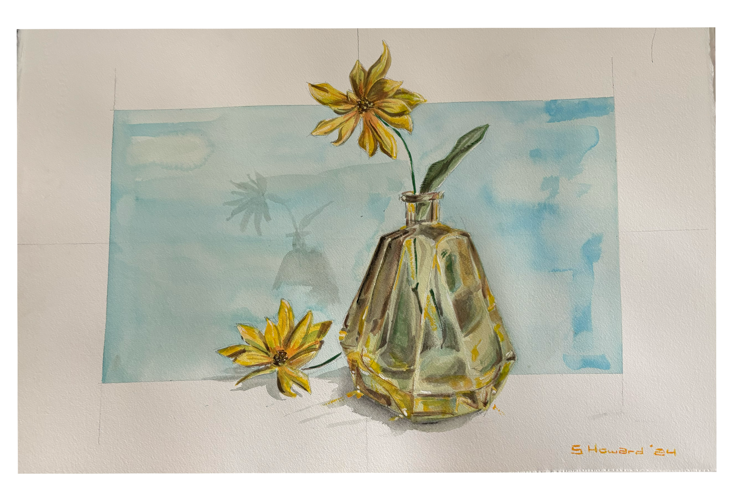 Watercolor painting of a glass bottle with a yellow flower and a green leaf, with a shadow on a blue background, signed by S. Howard in 2024.