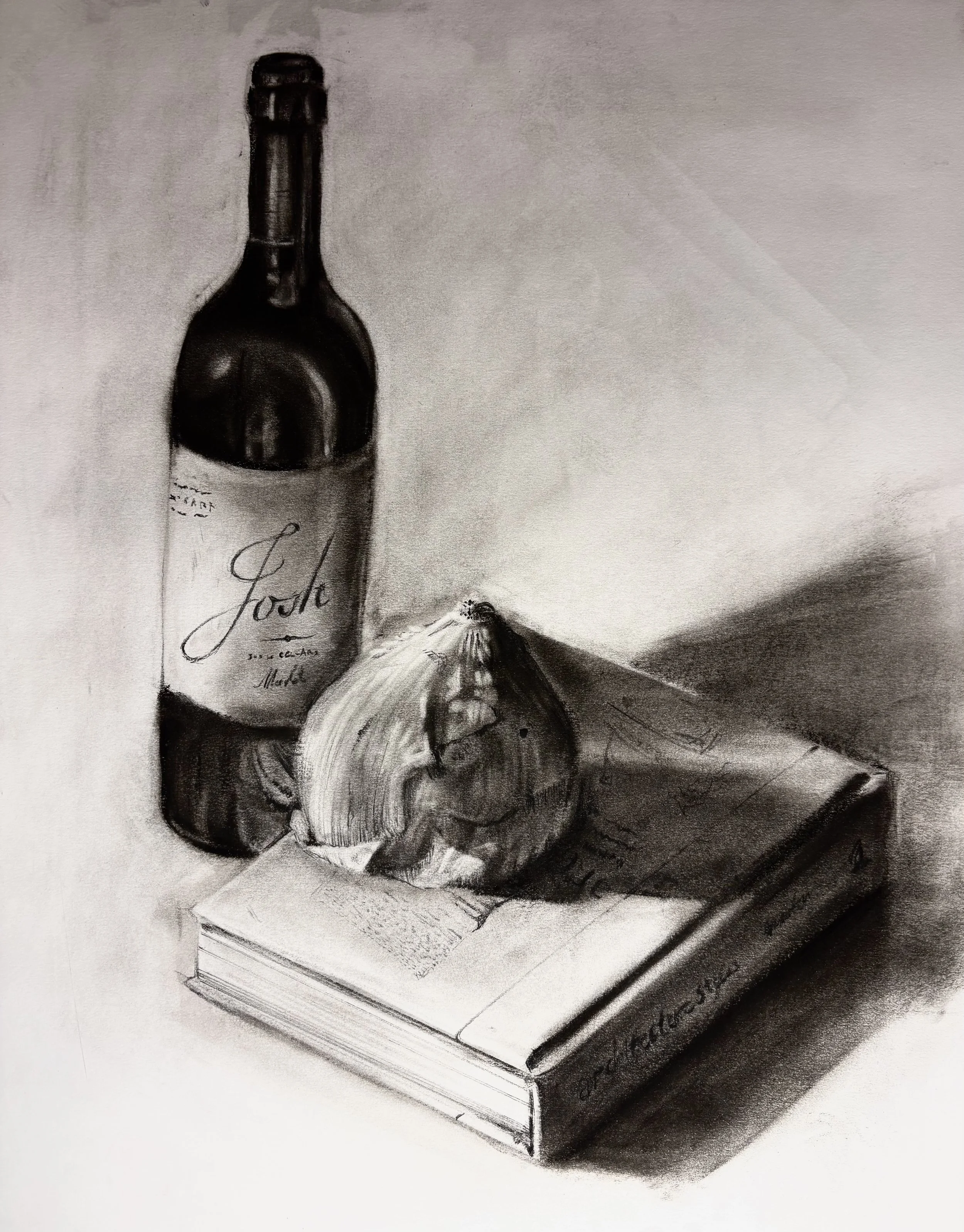 A still life drawing featuring a bottle of wine, a bulb of garlic, and a book, with shadows cast on a plain surface.