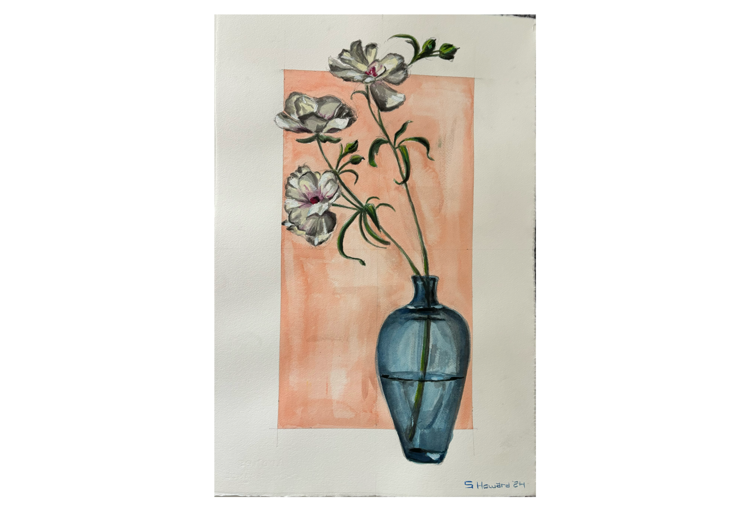 Watercolor painting of a blue vase with white flowers against a peach-colored background.