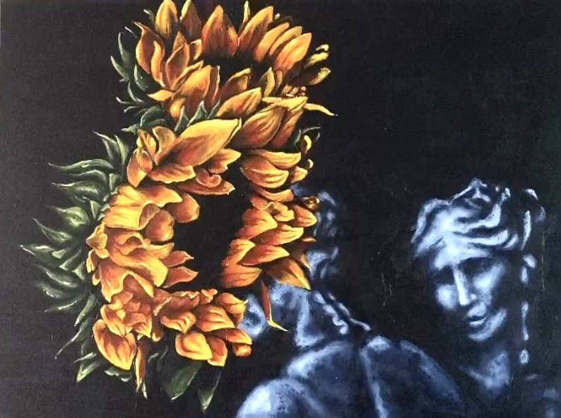 Painting of two women with a large sunflower framing their faces against a black background.