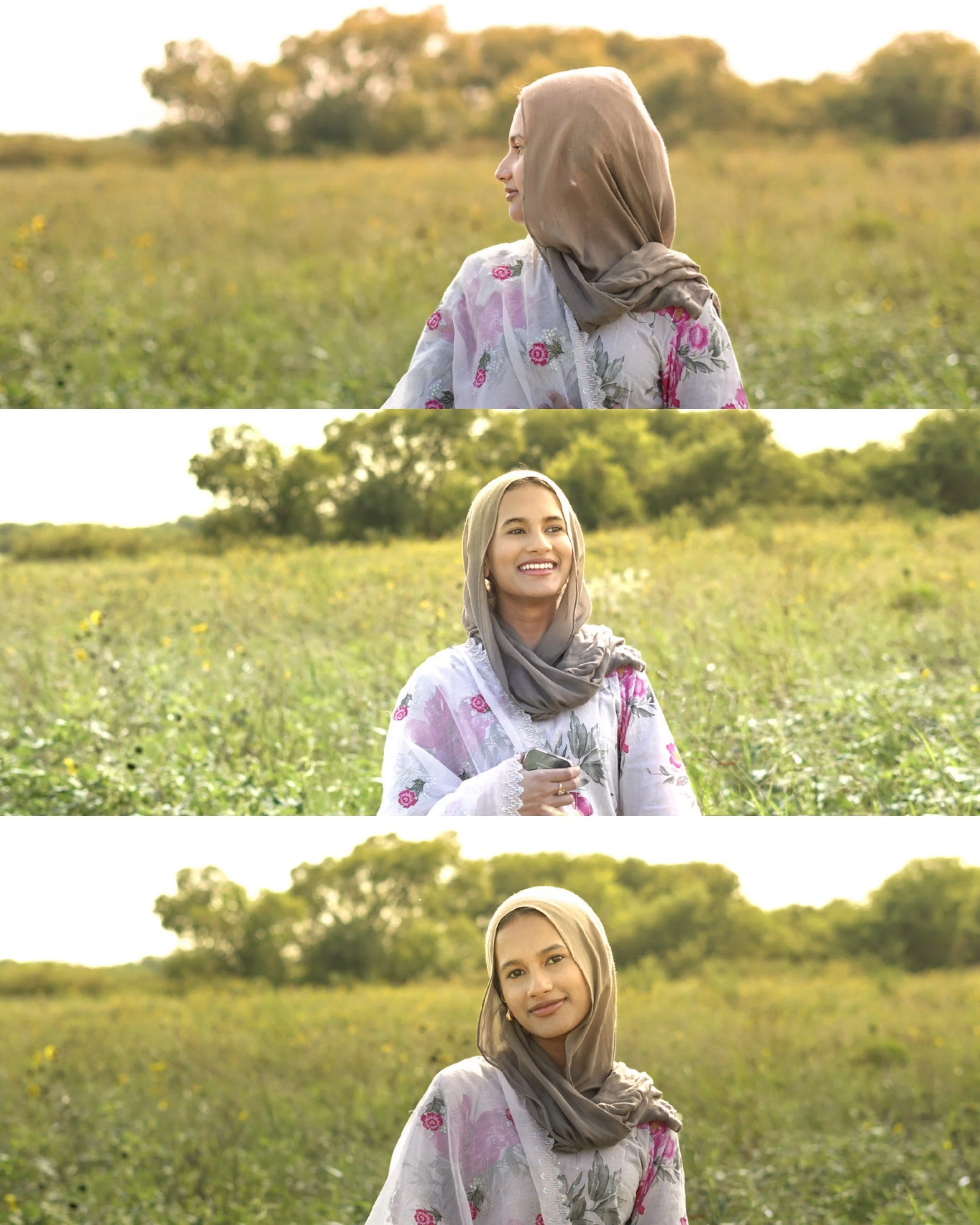A woman in a floral dress and gray hijab outdoors in a green field with trees in the background, smiling and looking in different directions in a three-panel photo series.