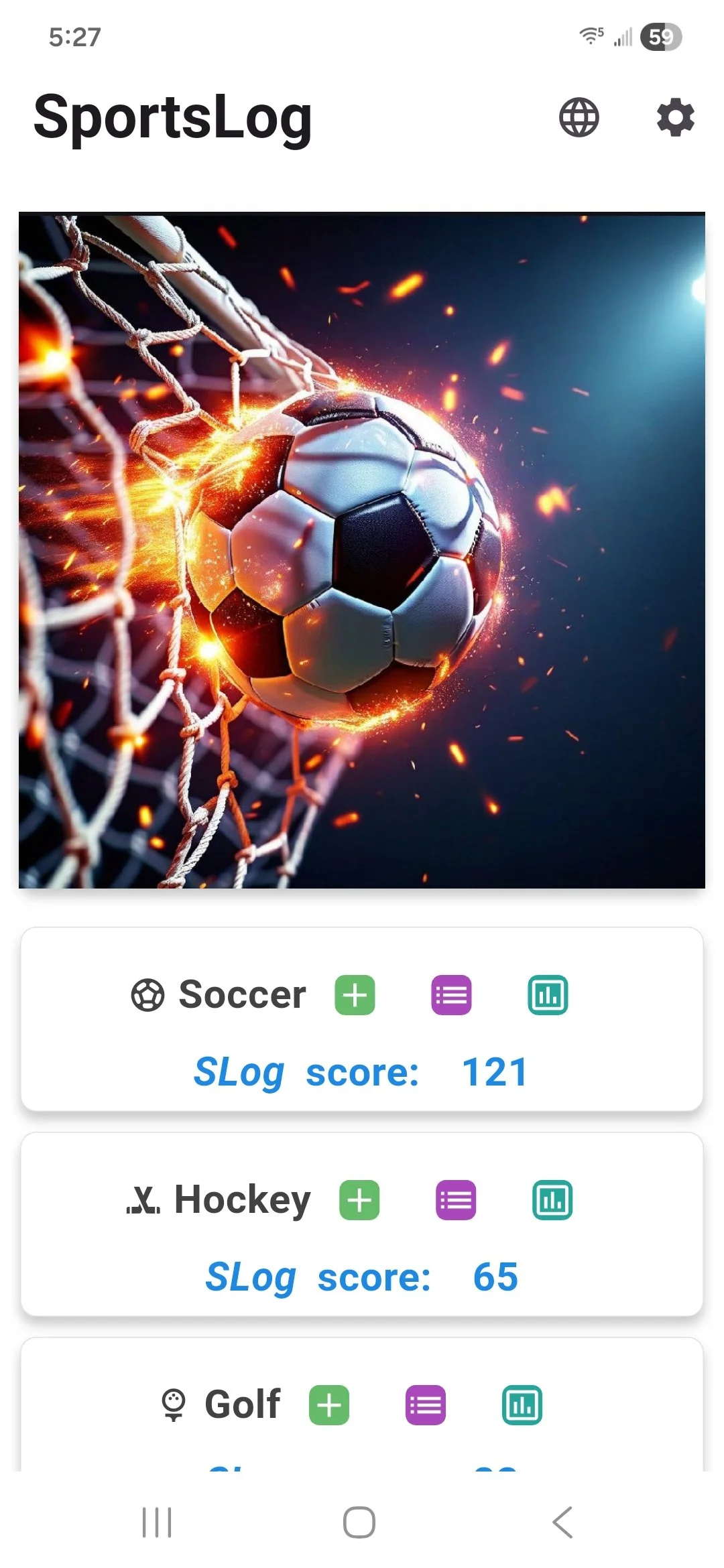 SportsLog mobile app homescreen displaying a custom image (a soccer ball blasting through a net) and Slog scores for soccer, hockey, and golf.