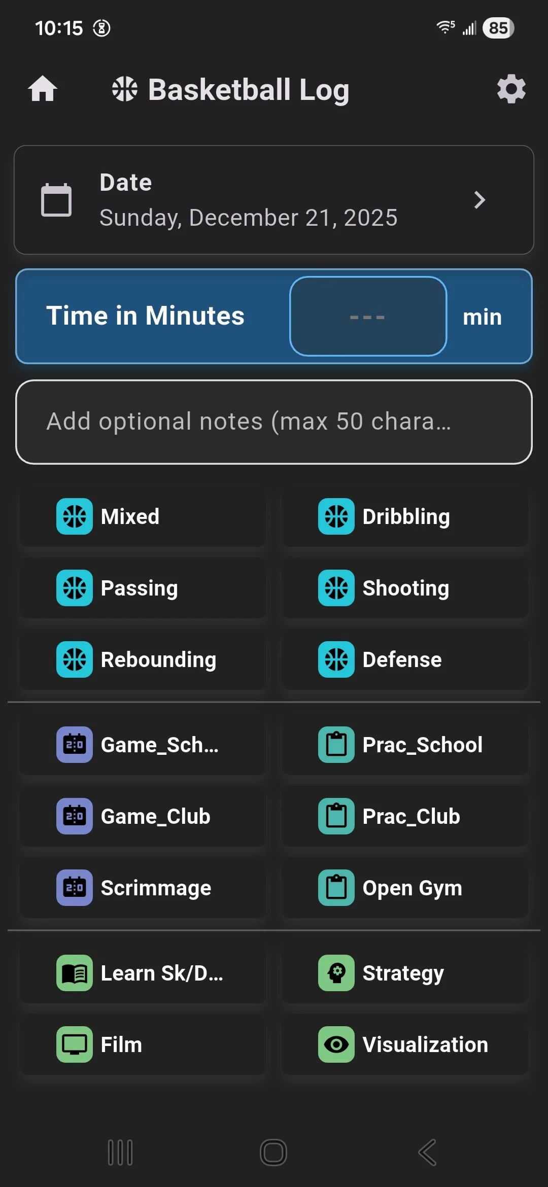 SportsLog app screenshot of a mobile app interface for tracking volleyball practice or training sessions, including options to select date, enter time and notes, and choose specific volleyball skills or activities.