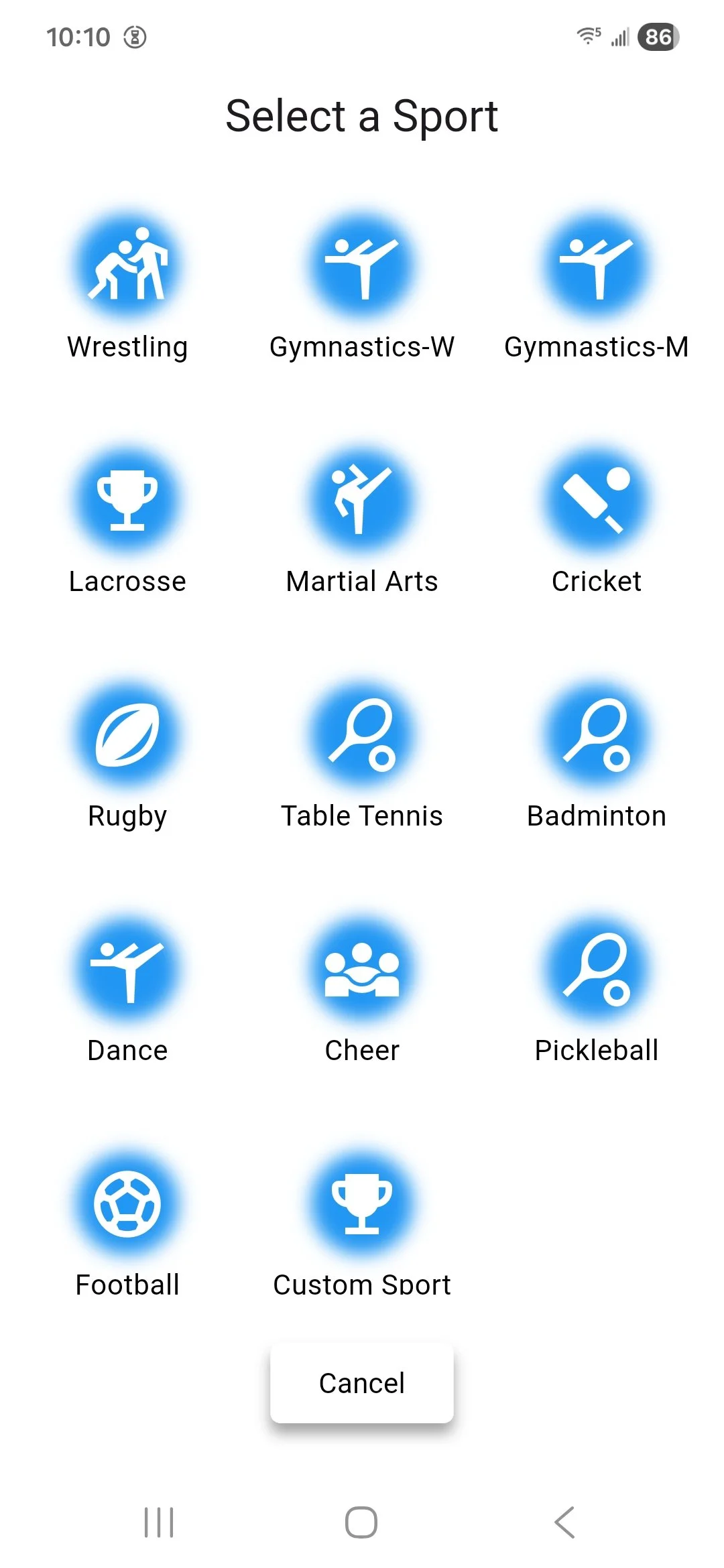 SportsLog mobile app screen displaying options to select a sport, including Wrestling, Gymnastics for Women and Men, Lacrosse, Martial Arts, Cricket, Rugby, Table Tennis, Badminton, Dance, Cheer, Pickleball, Football, and Custom Sport.