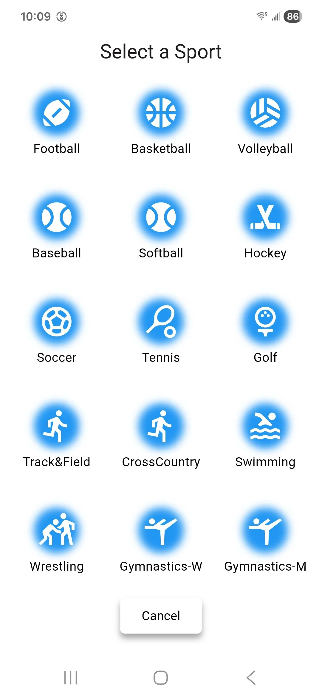 SportsLog mobile app screen displaying options to select a favorite sport, including football, basketball, volleyball, baseball, softball, hockey, soccer, tennis, golf, track and field, cross country, swimming, wrestling, and gymnastics.