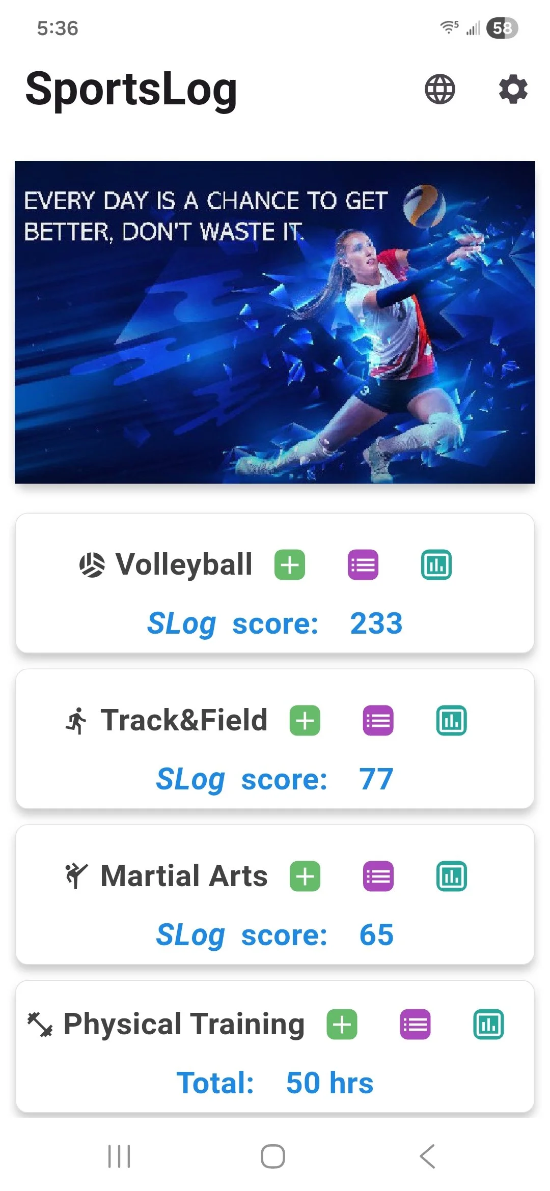 SportsLog mobile app homescreen displaying a custom image (volleyball player with motivational quote) and Slog scores for volleyball, soccer, basketball, and physical training.