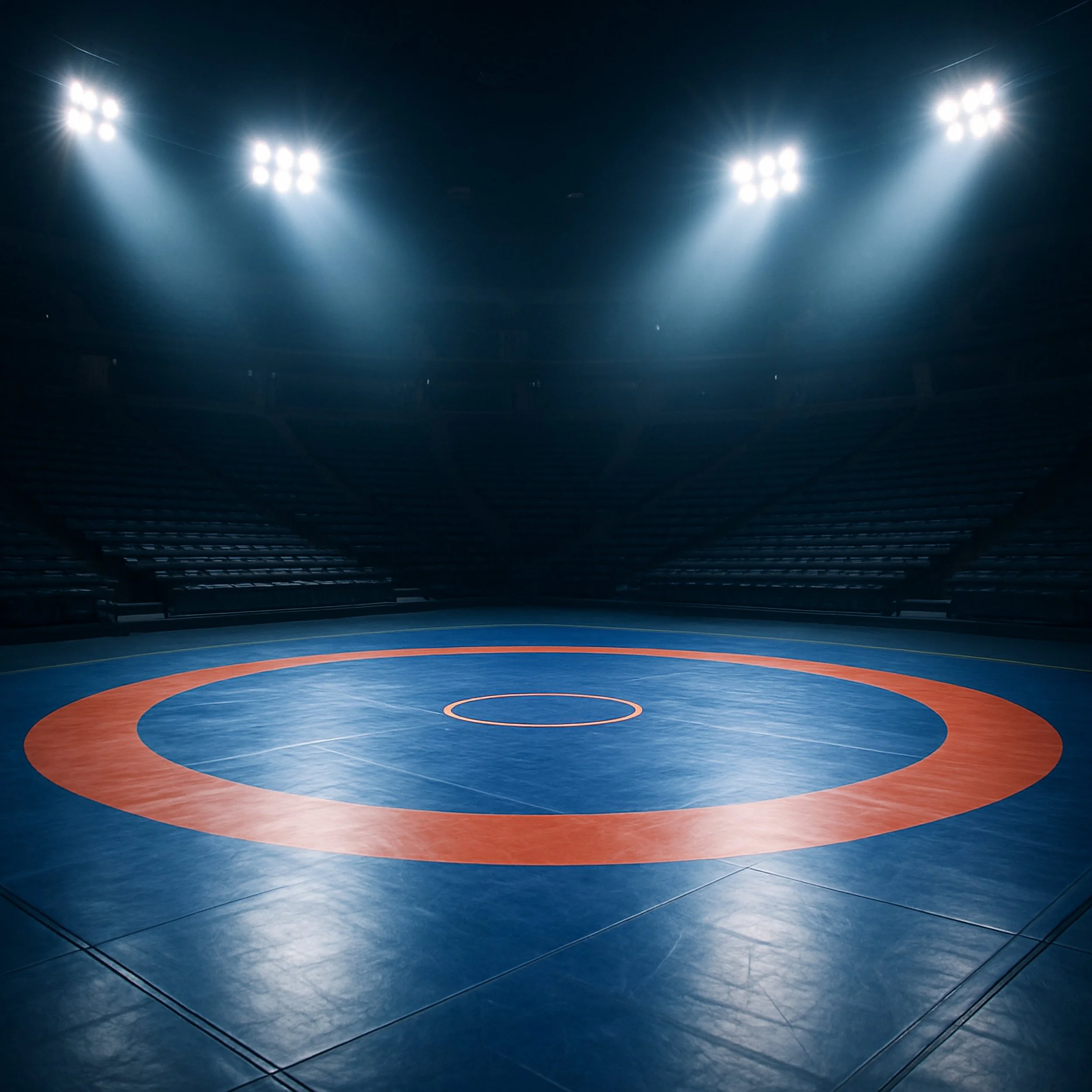 Empty wrestling mat illuminated by bright overhead lights in a large indoor arena with dark seating areas.