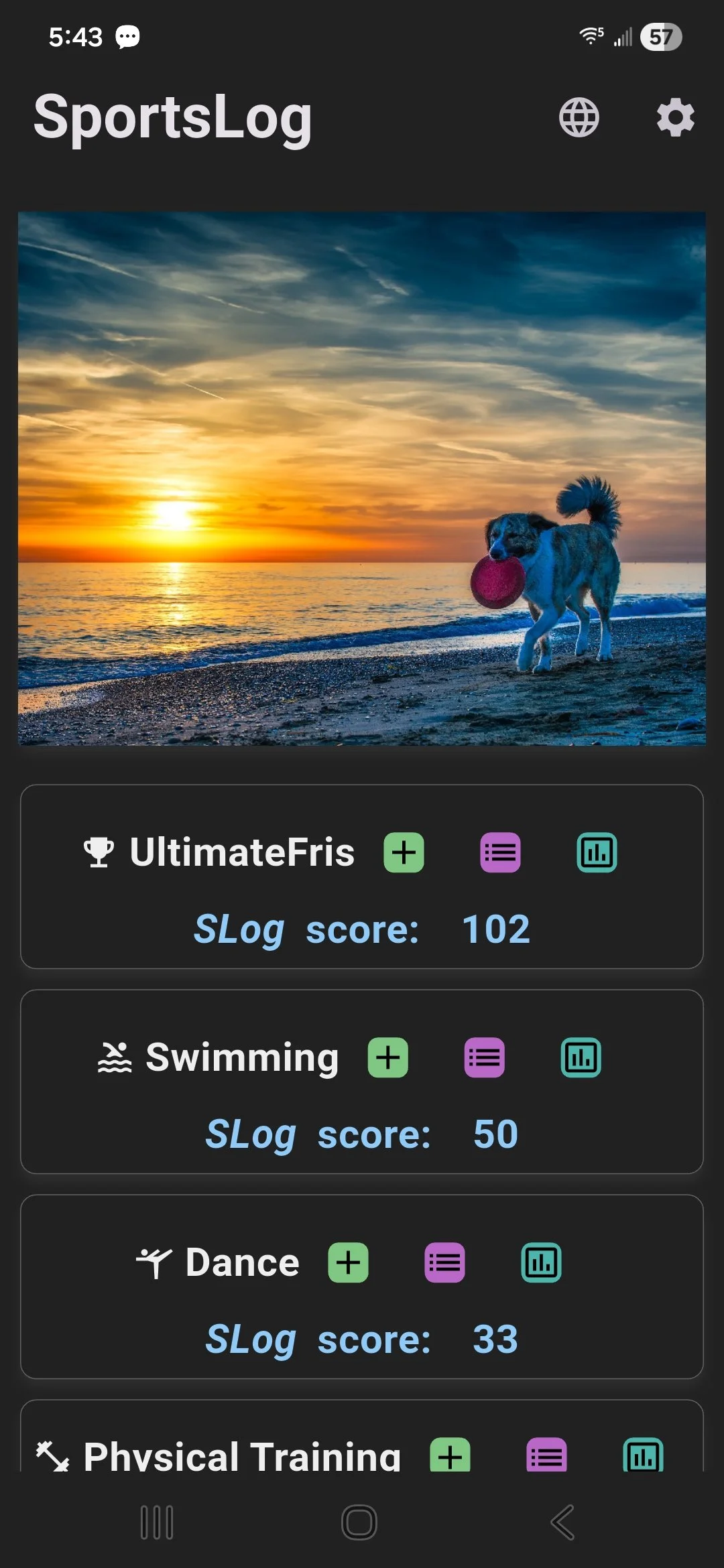 SportsLog mobile app homescreen displaying a custom image (beautiful sunset with dog with fribsee) and Slog scores for ultimate frisbee, swimming, dance, and physical training.