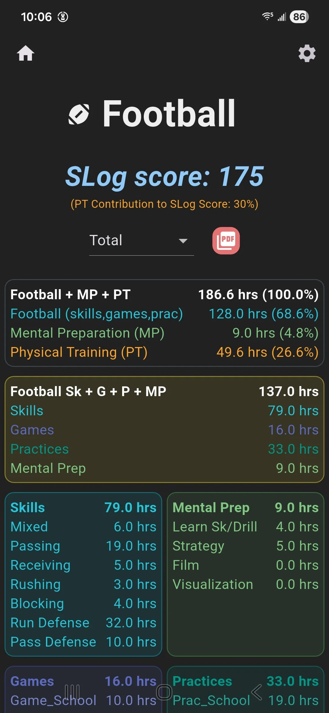 SportsLog app screenshot of the mobile app interface showing football training statistics, including total hours, skill development, mental preparation, and physical training.