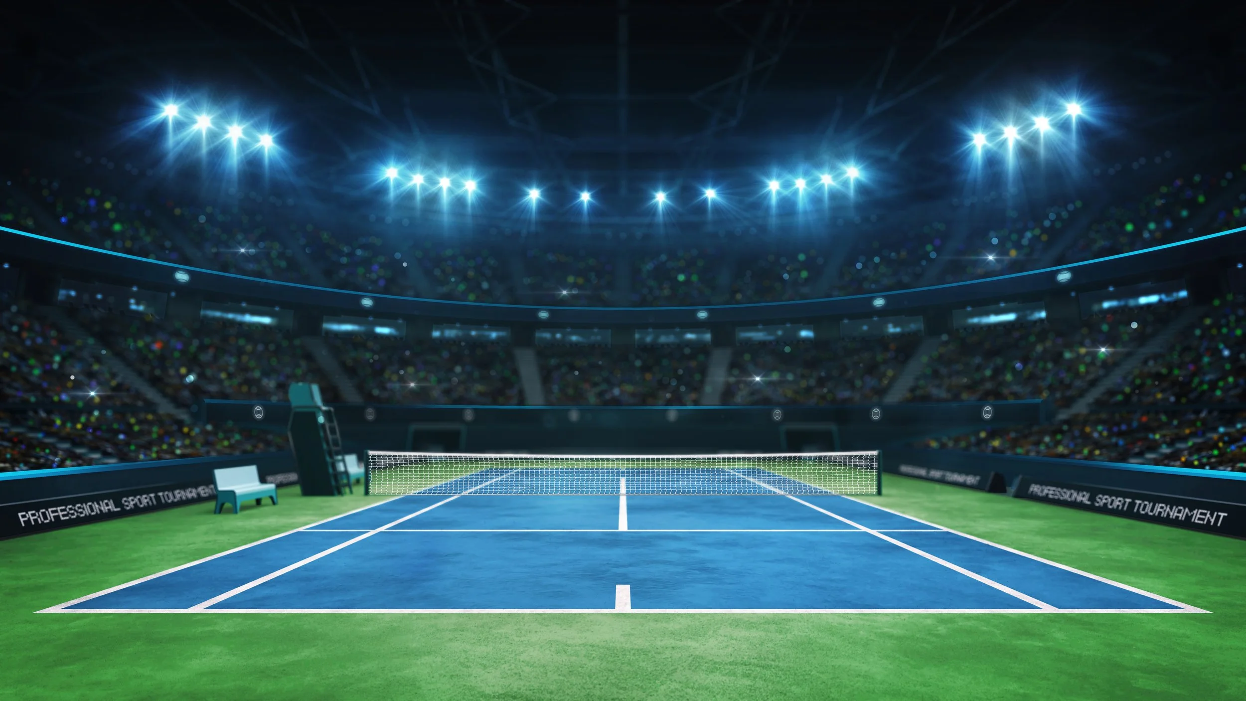 An empty tennis court in a large stadium under bright overhead lights, with a net across the middle and a crowd in the background.