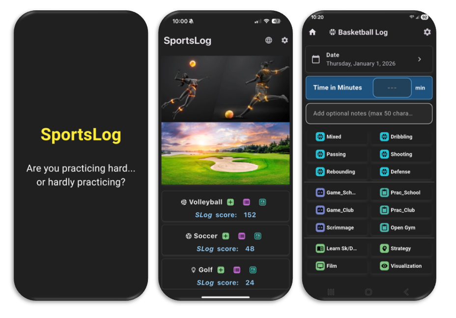 Screenshots of the sportslog app - splash screen with inspirational quote ("Are you practicing hard . . . or hardly practicing?"), Homepage with 3 sports currently being tracked and a fully modifiable motivational image, and the Sport logging page.