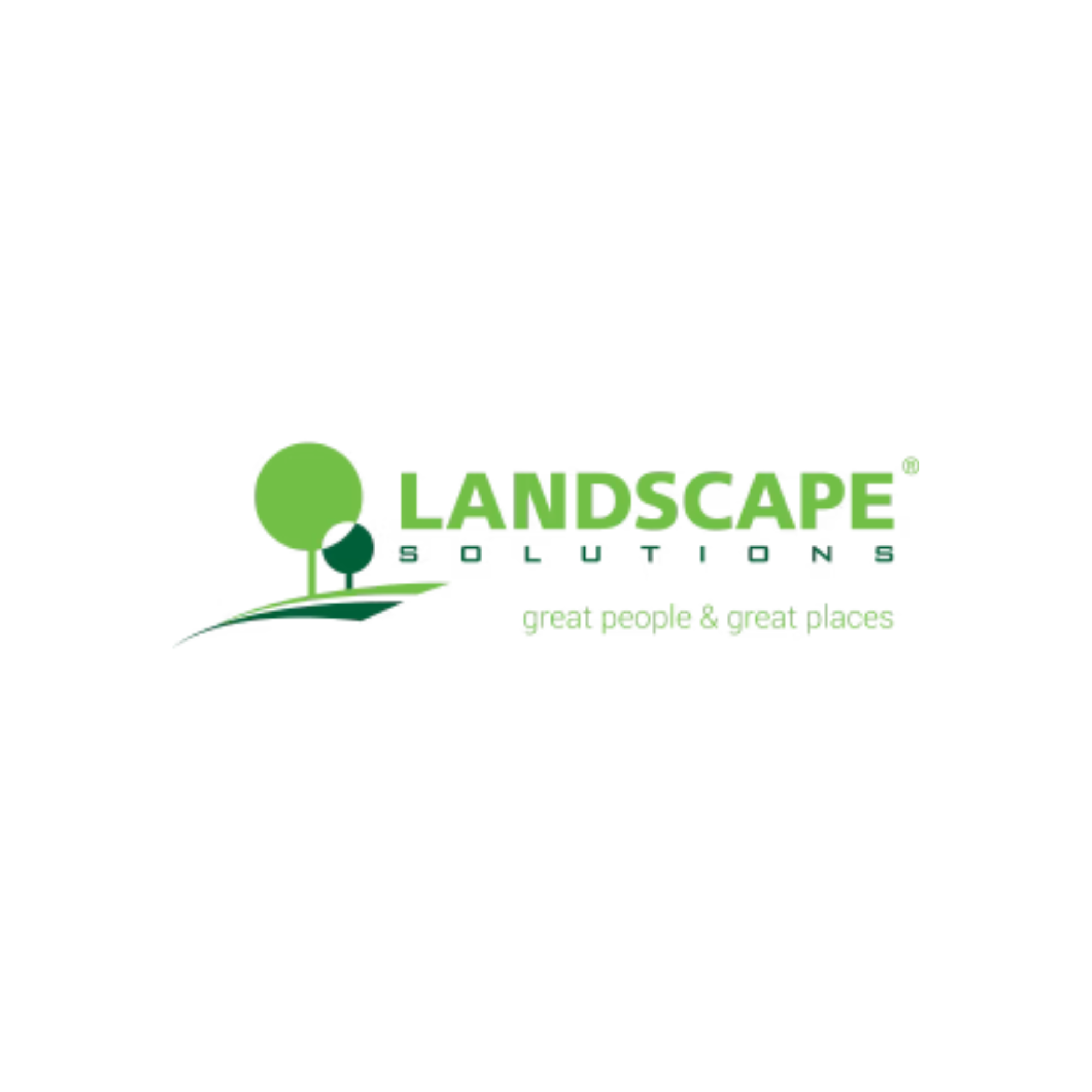Logo for Landscape Solutions in green text with a graphic of three trees and a swooping landscape line.