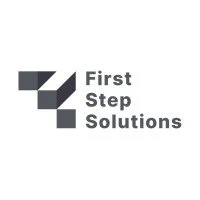 Logo of First Step Solutions with geometric shapes and text.