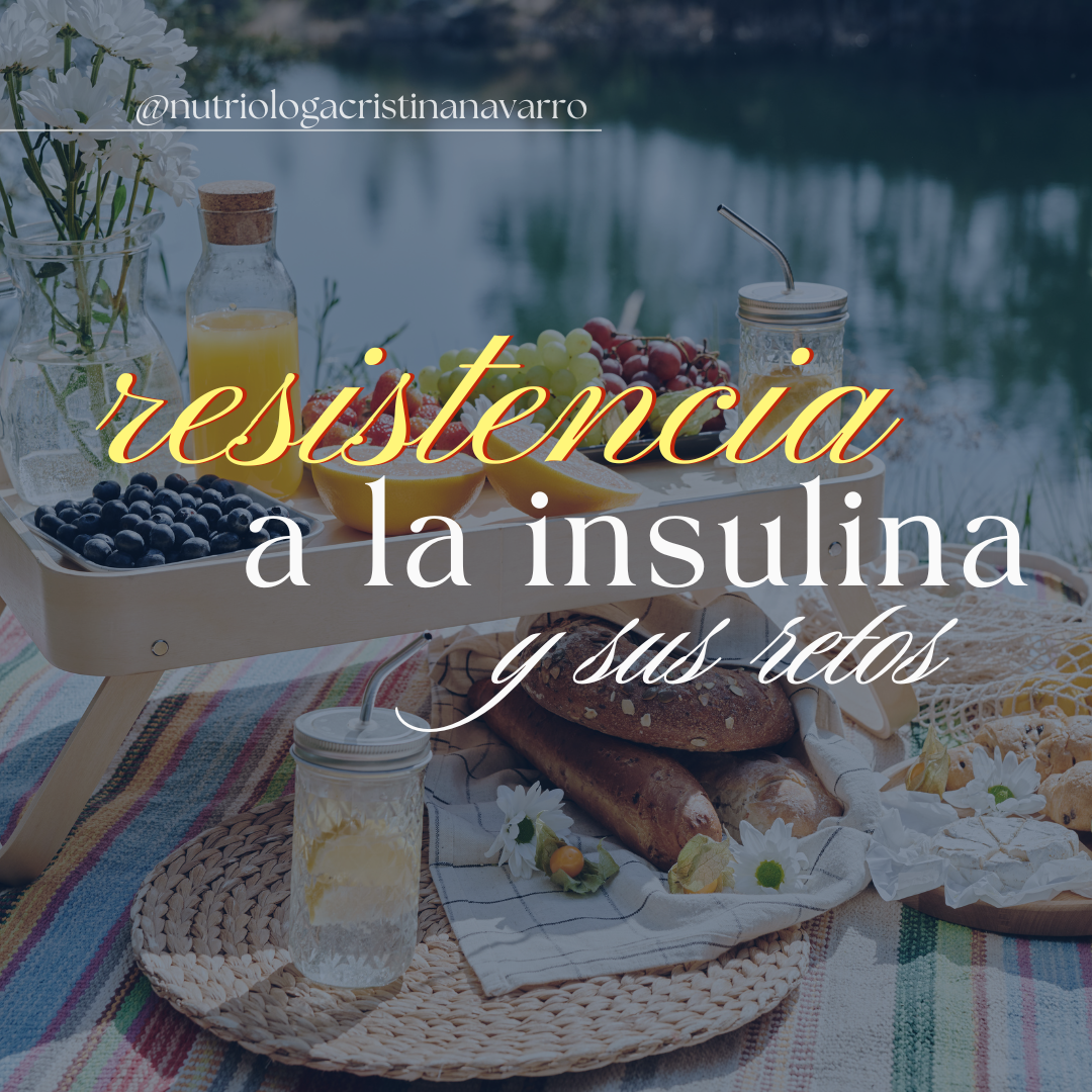 A picnic table with fresh fruit, bread, and drinks set by a lake, with the overlay text 'resistencia a la insulina y sus retos' and a social media handle '@nutriologacristinanavarro'.