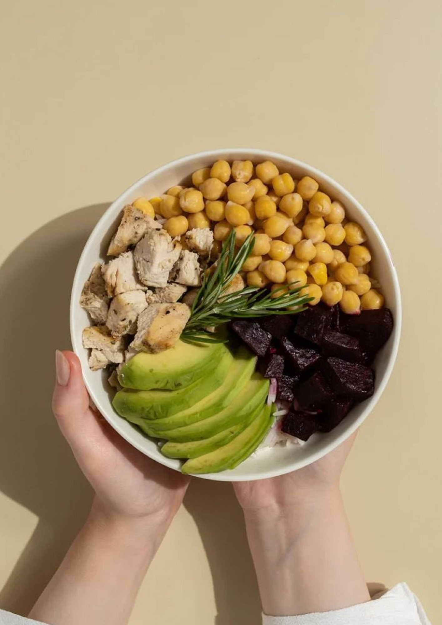 A bowl of chopped chicken, chickpeas, beets, sliced avocado, and a sprig of rosemary, held in hands.