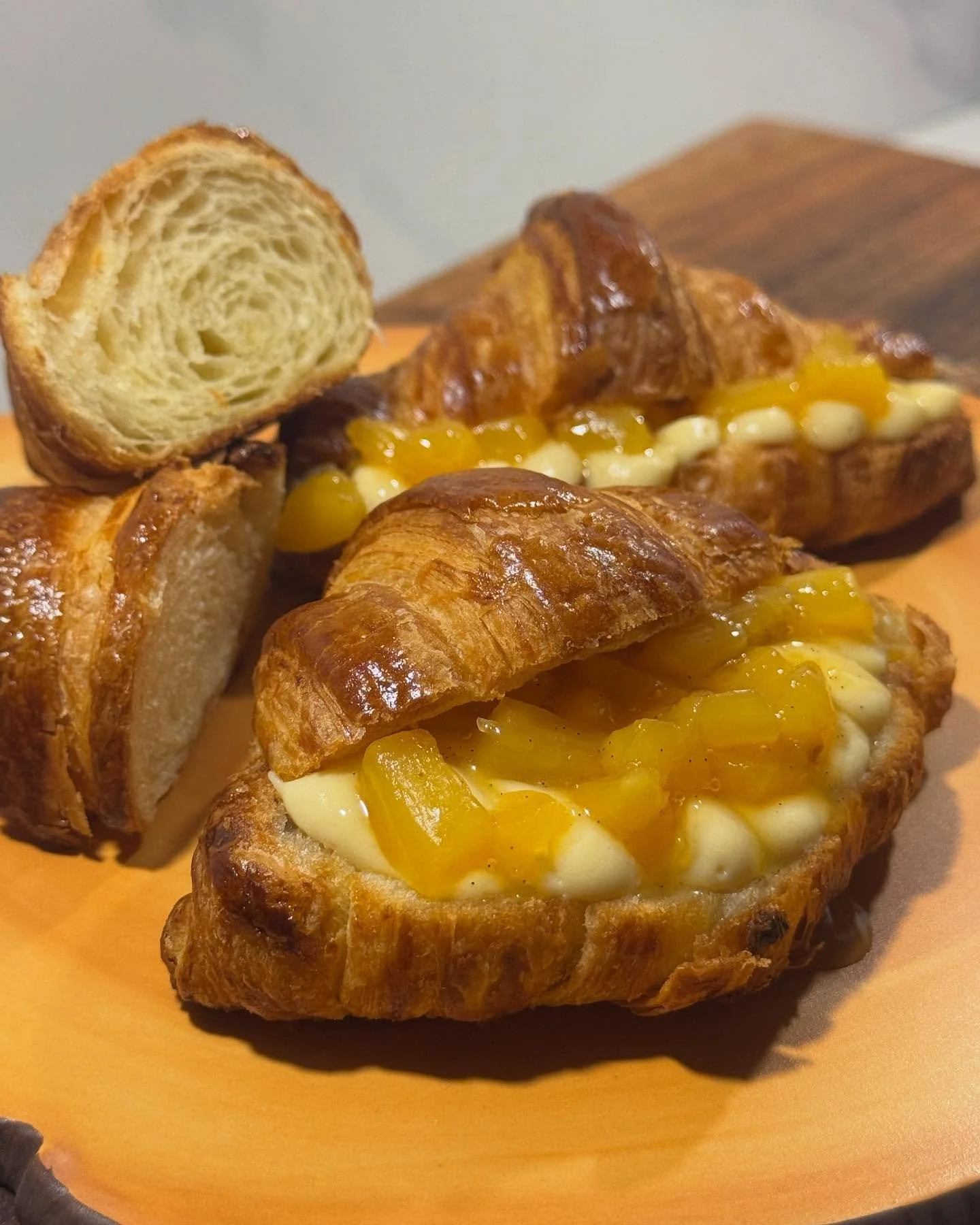 Croissants were such a hit! I went with caramelized white chocolate pastry cream and pineapple compote for the fillings. I had never made caramelized white chocolate before, and I think it turned out great! Hand laminating dough is always challenging