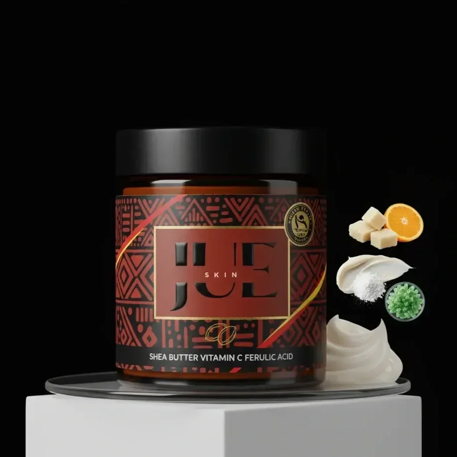 Jar of skincare cream labeled Jué Skin with ingredients including shea butter, vitamin C, and ferulic acid displayed beside the jar, along with a lemon slice, white substance, and green crystals, on a silver tray against a black background.