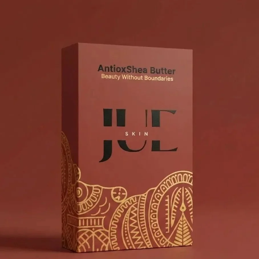 Packaging of AntioxShea Butter skincare product with the tagline "Beauty Without Boundaries" on a reddish background.