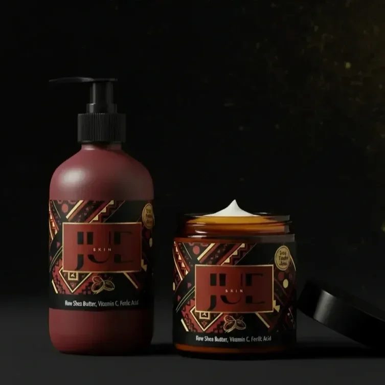 Skincare products including a pump bottle and a jar with skincare label, dark background.