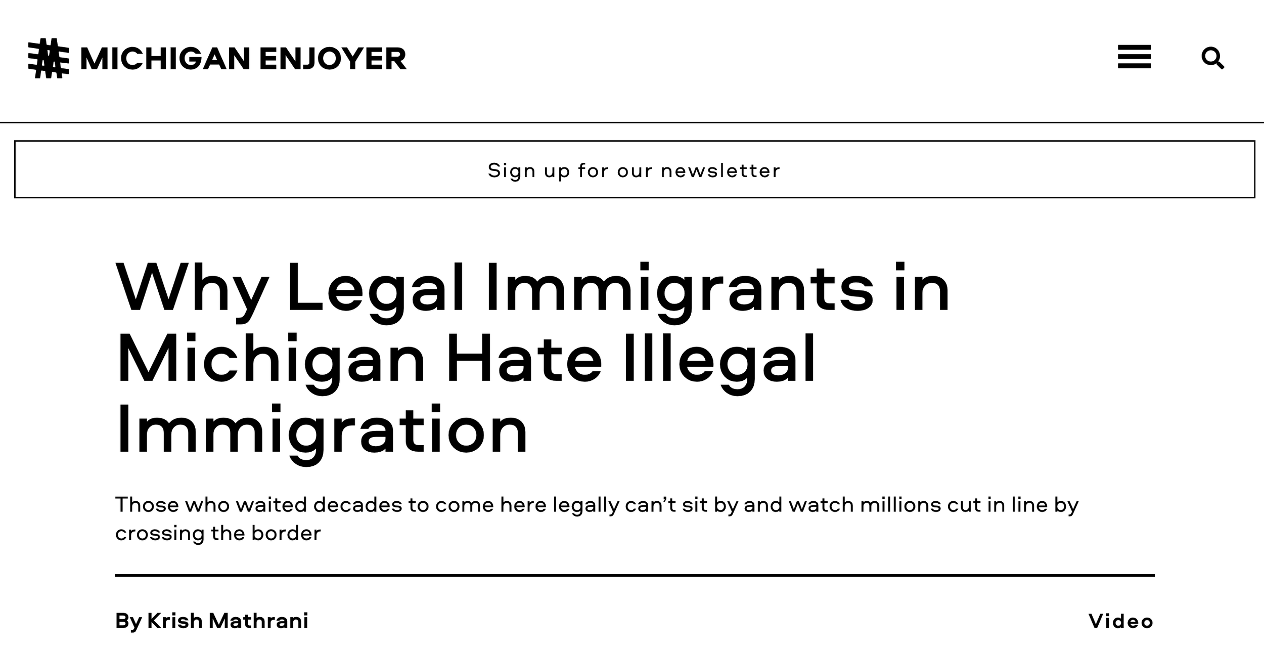 Screenshot of an article titled 'Why Legal Immigrants in Michigan Hate Illegal Immigration' from the Michigan Enquirer website, with a headline, subtitle, author name Krish Mathrani, and icons for menu, search, and login.