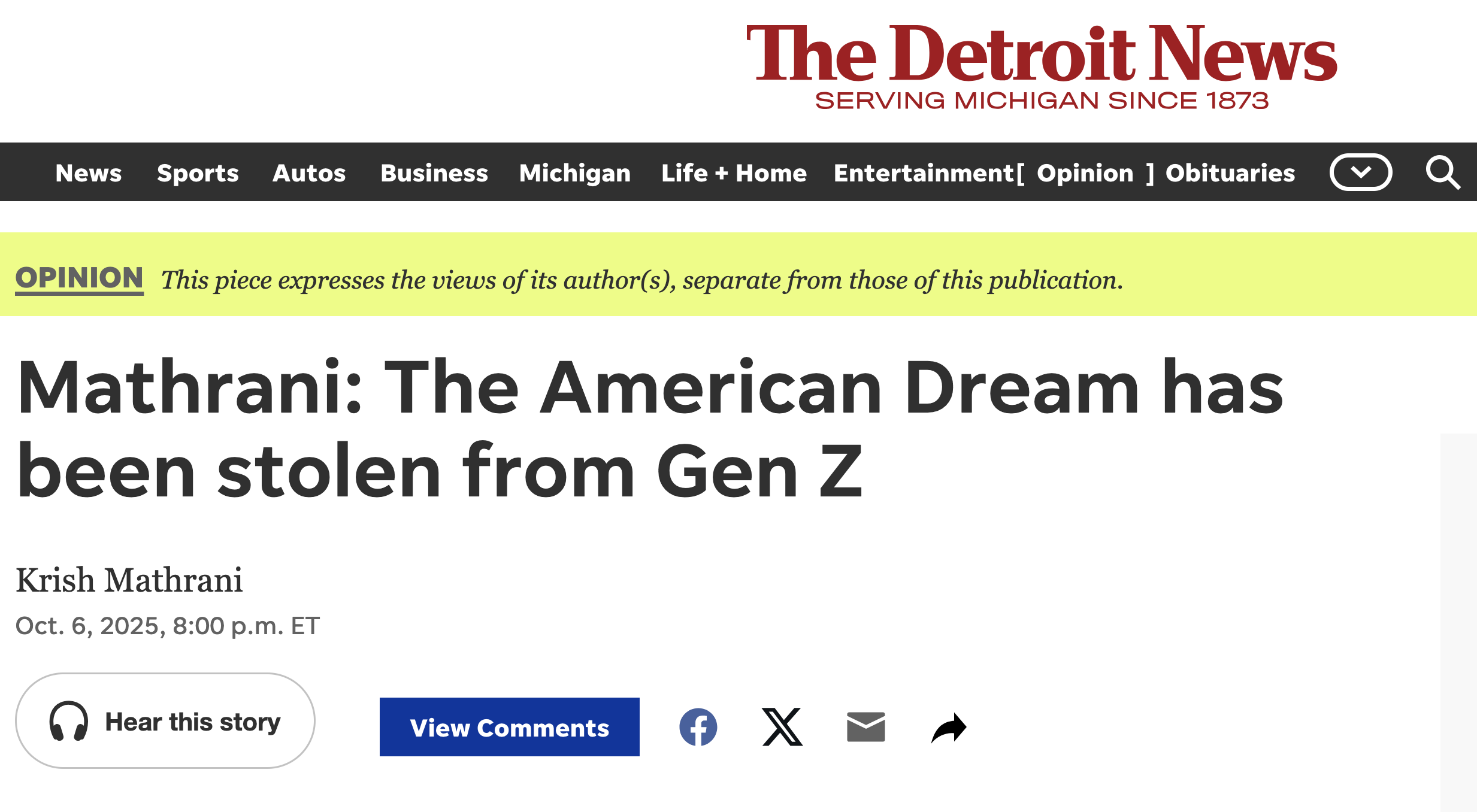 Screenshot of a news article from The Detroit News with a headline about Krish Mathrani claiming that the American Dream has been stolen from Generation Z. The webpage includes navigation links to various sections, a highlighted opinion tag, and sharing icons.