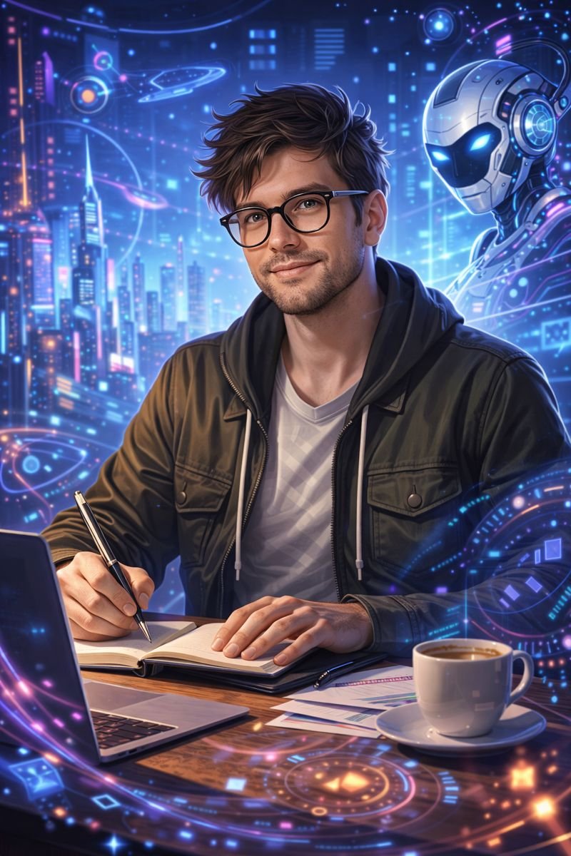 Millennial writer at a desk imagining future technology and economic change, with a glowing city and AI figure in the background.