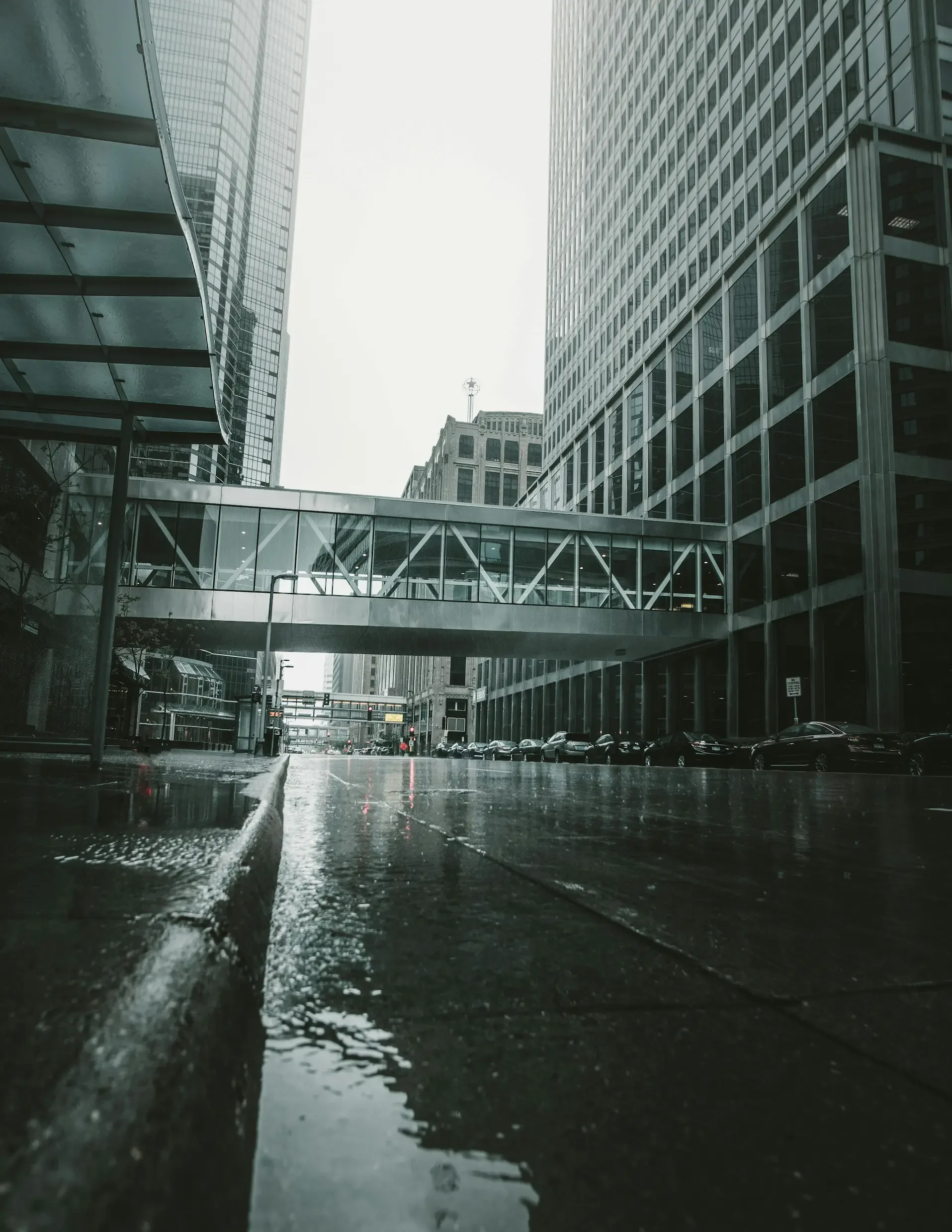 A quiet downtown street in Minneapolis with modern buildings on a rainy day