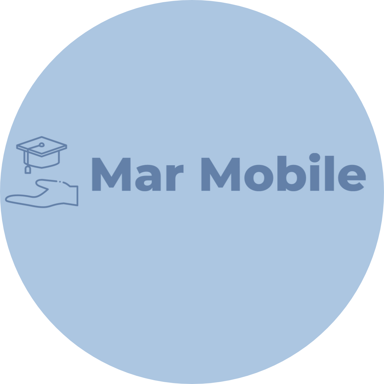 Seal of Mar Mobile, a mobile tutoring services company, on a blue background with an icon of a hand holding a graduation cap.