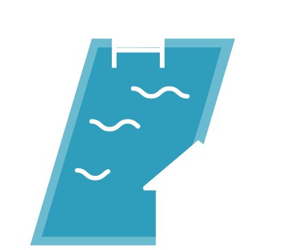 A stylized swimming pool with ladder and a house beside it.