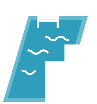 Simple illustration of a swimming pool with water waves, surrounded by two high-rise buildings.