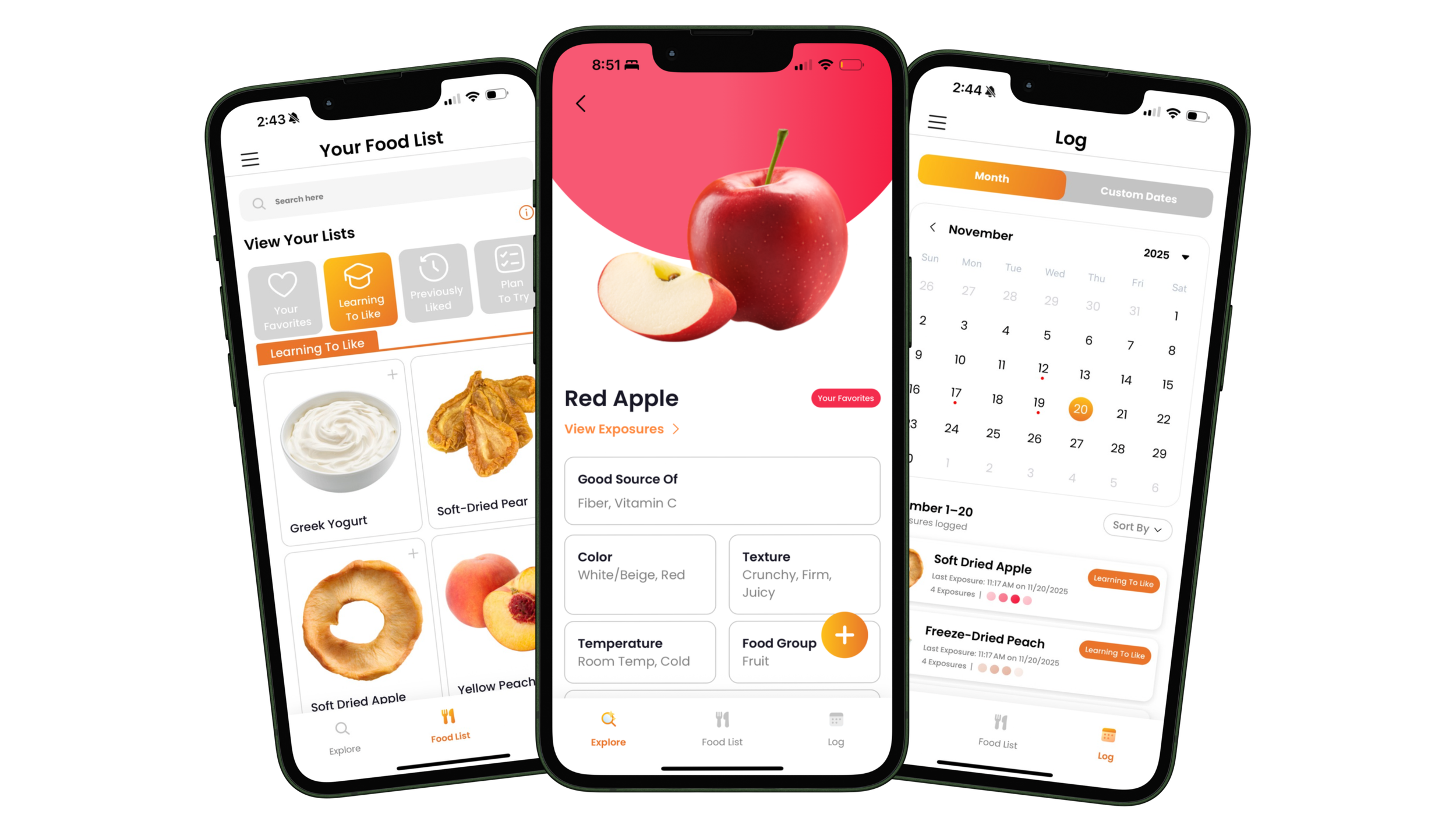 Three mobile screens displaying a food tracking app. The left screen shows a food list with images of yogurt, dried pear, apple, and peaches. The middle screen features a detailed photo of a red apple with slices, with options for tracking its properties. The right screen displays a calendar with entries for food exposures, a log of food exposures, and registration dates for dried apple and peaches.