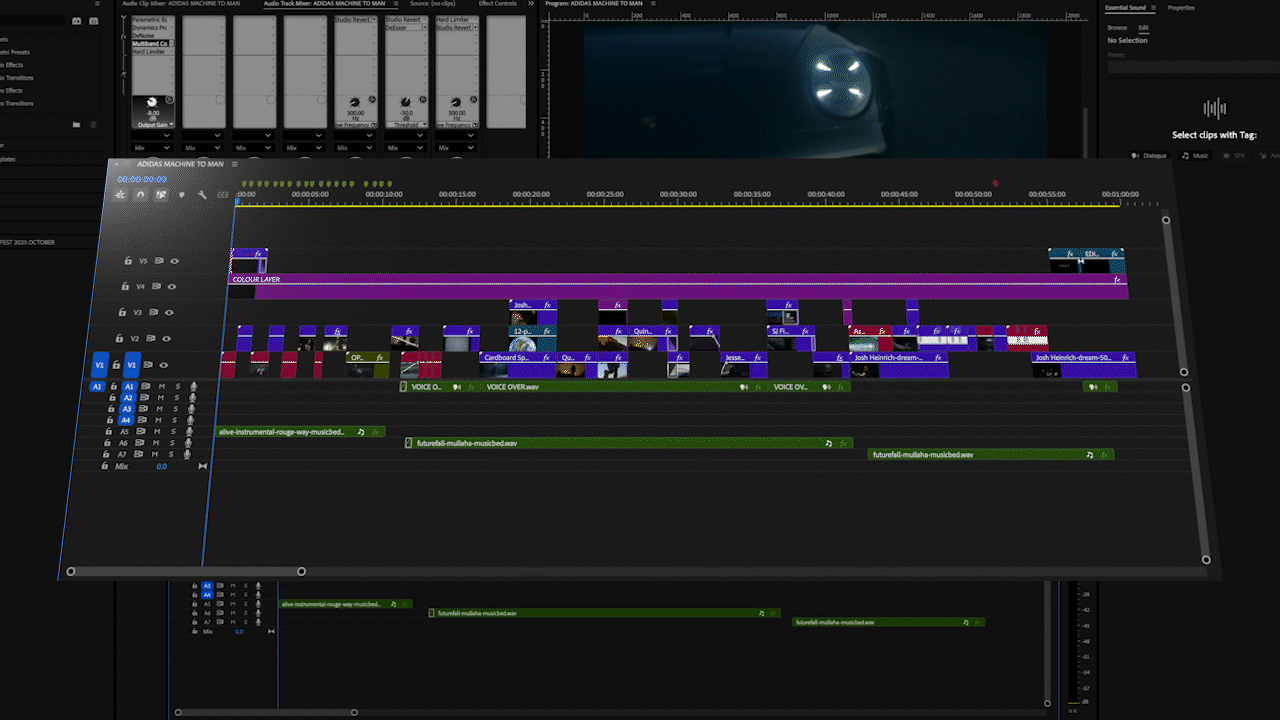 A digital audio workspace with multiple tracks, waveforms, and editing controls, displaying a music or audio editing session.