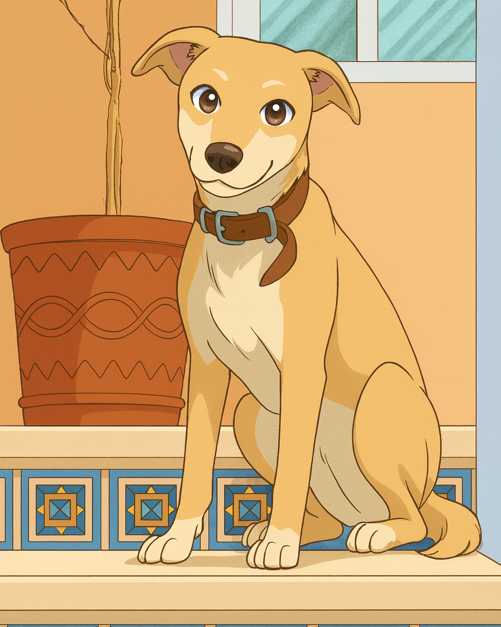 An animated dog with brown eyes, tan fur, and a white chest, sitting on a kitchen counter with intricate tile patterns, a large potted plant nearby, and a window in the background.