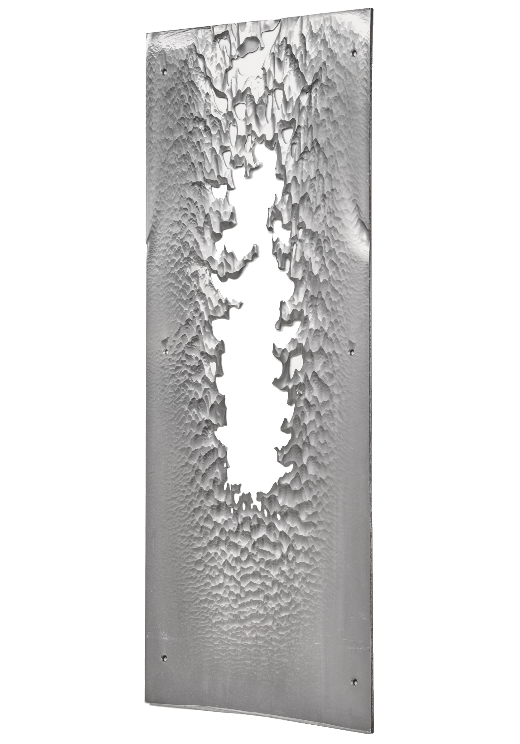 A large metal wall panel with a textured, three-dimensional carved mountain landscape design, featuring varying peaks and valleys, with four screw holes at the edges.
