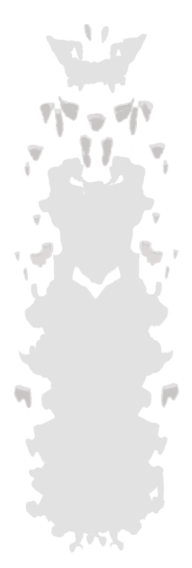Symmetrical abstract black and white design resembling an animal or creature with a face, body, and limbs.