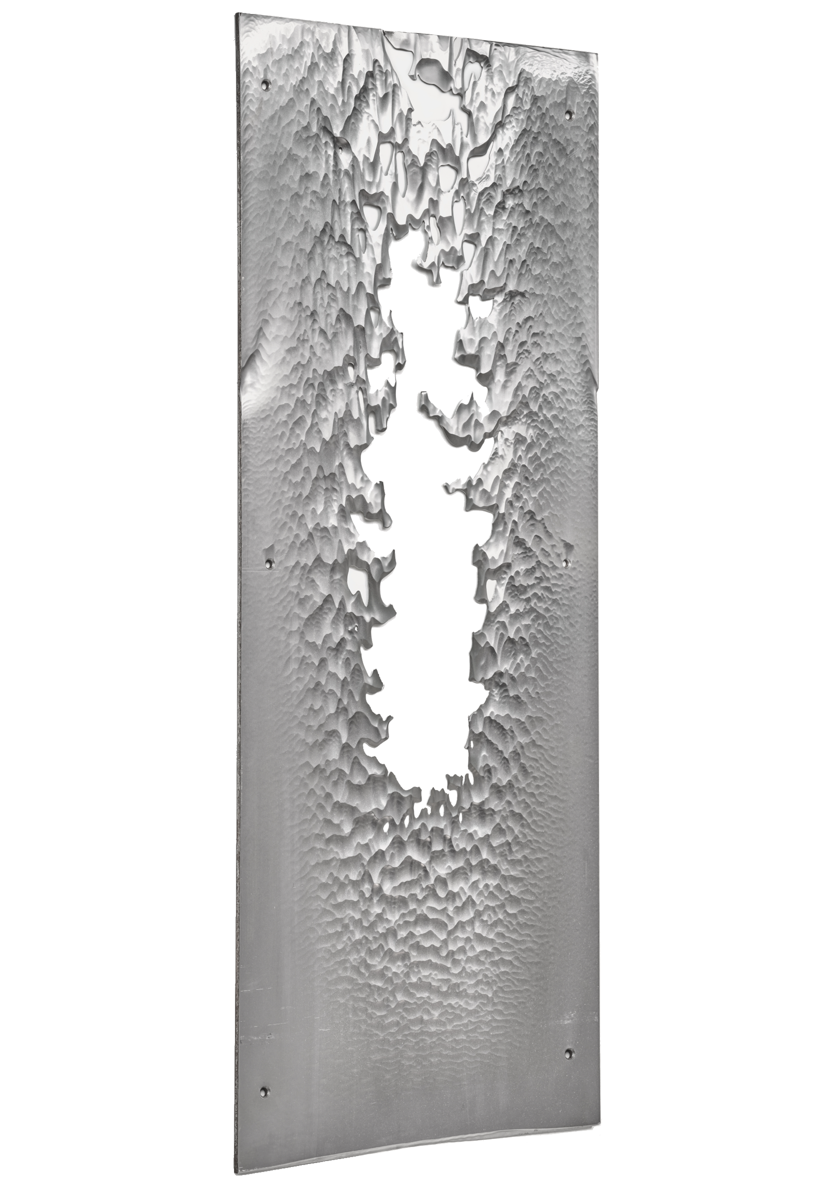 A metallic wall panel with a textured, carved surface, featuring an abstract pattern with a central opening.