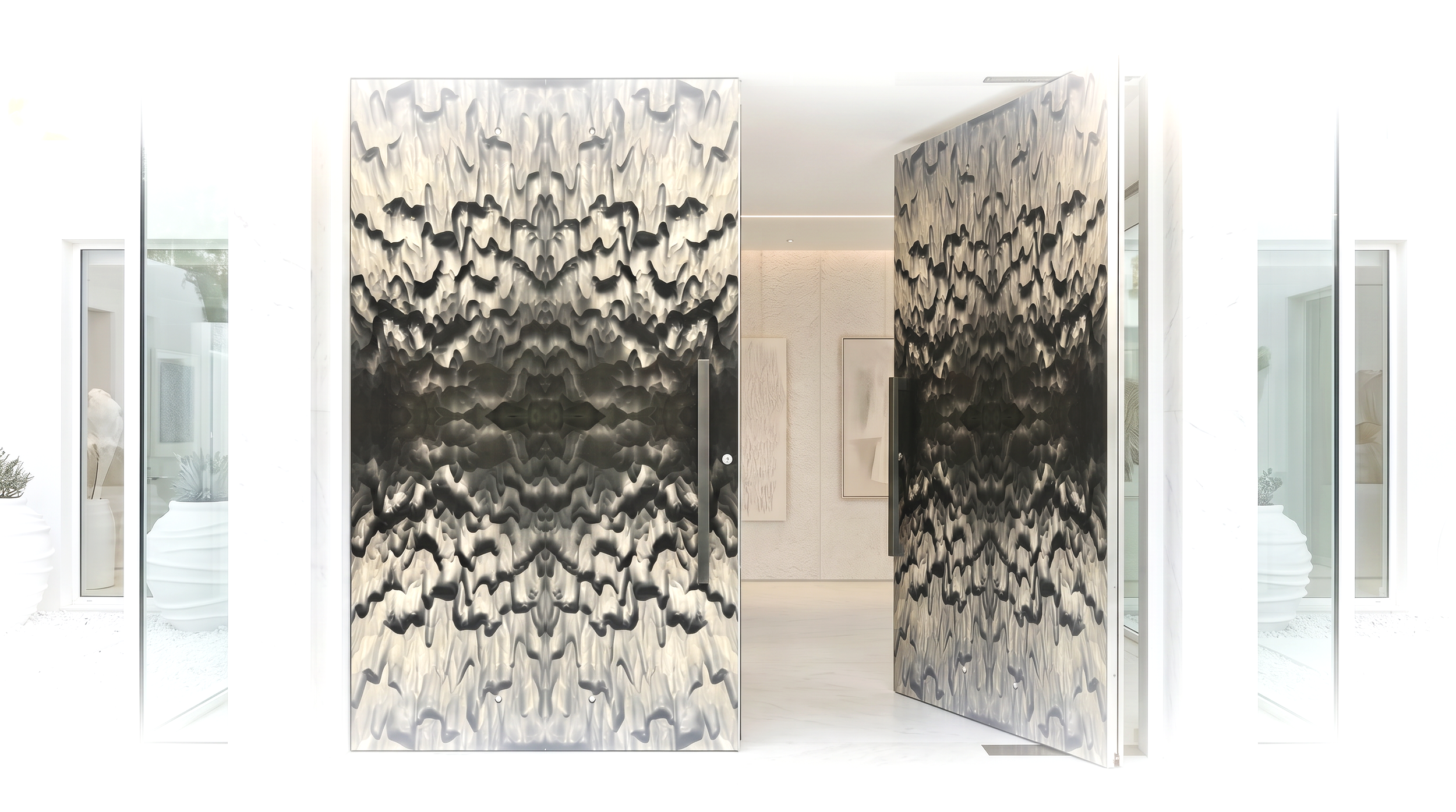 Double doors with black and silver textured pattern opening into a bright, modern interior space.