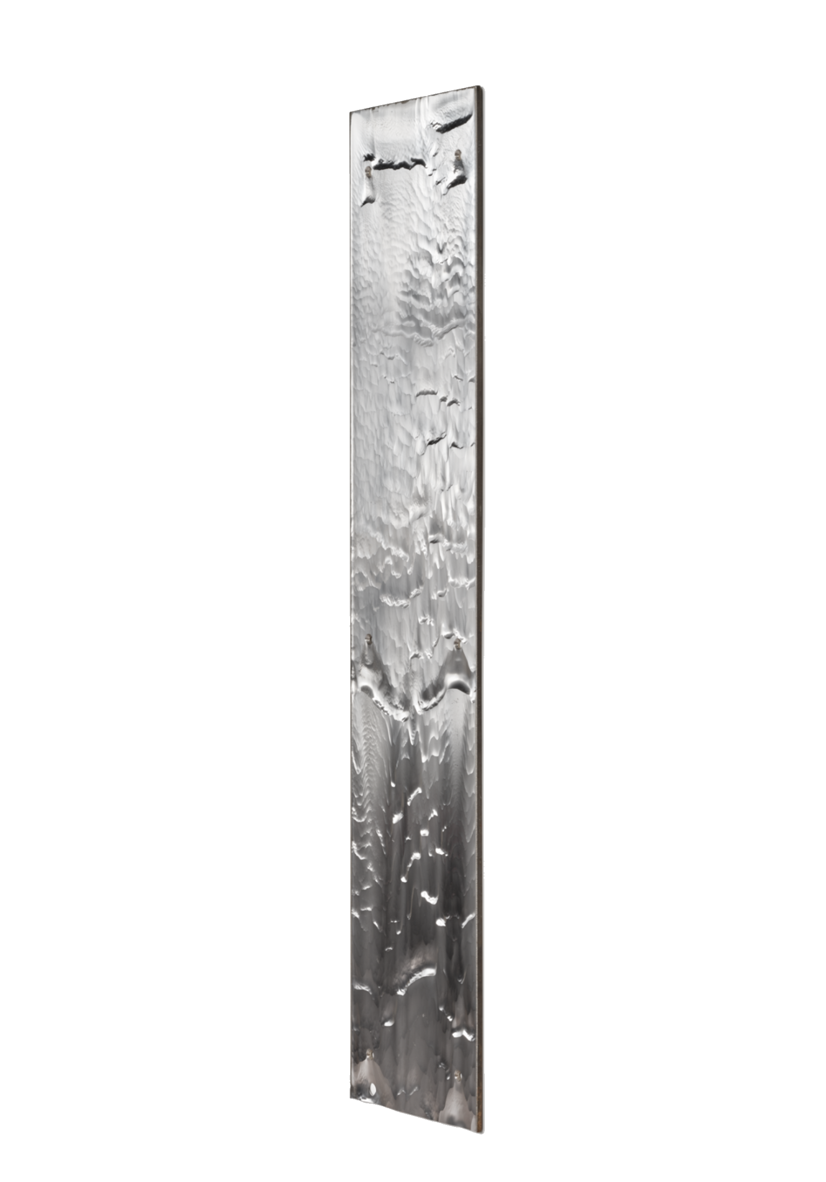 A vertical stainless steel sculpture with a textured, wavy surface and a reflective finish, mounted on a black background.