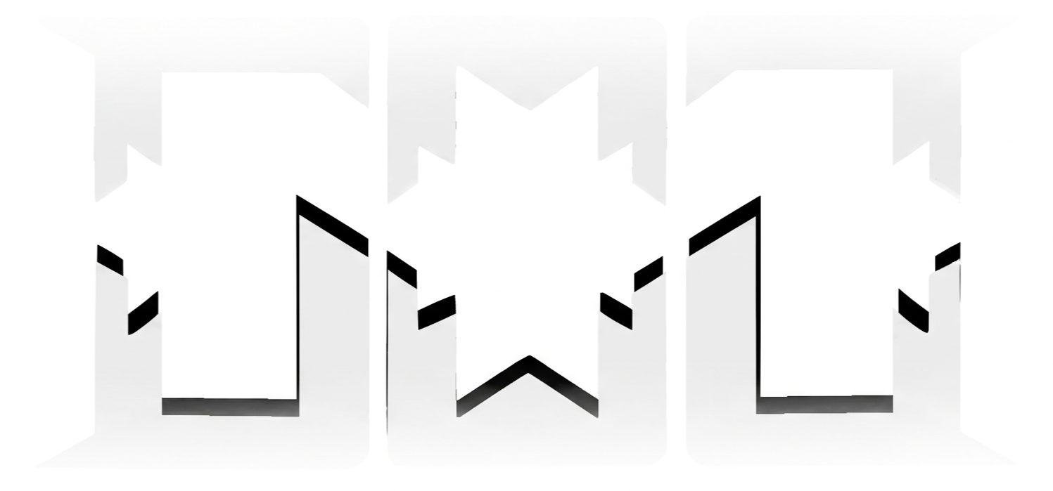 Three black and white 3D star-shaped objects with cutouts, arranged in a row.