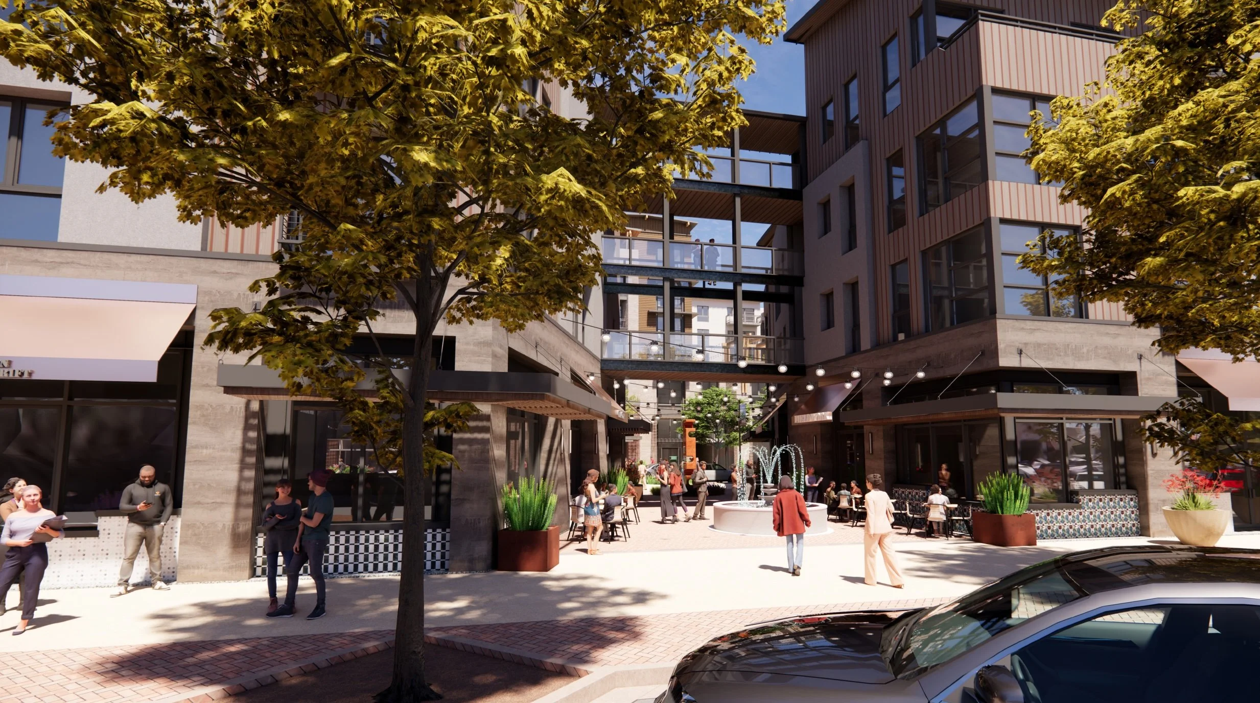 Street view of pedestrian area looking toward Thousand Oaks Blvd.
