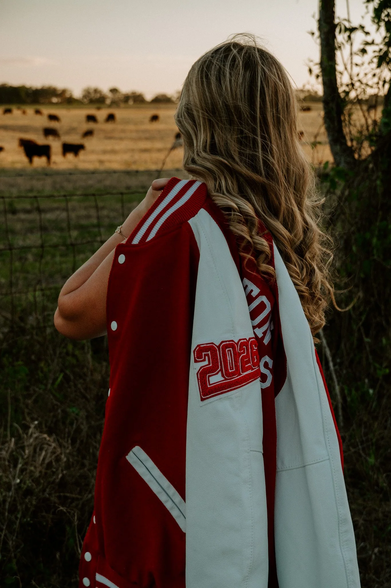 A person with long, curly blonde hair wearing a red and white varsity jacket standing near a wire fence, looking at a herd of cows grazing in a field during sunset.