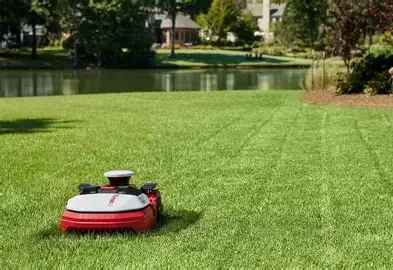 Lawn mower in a backyard with a pond, trees, and houses in the background.
