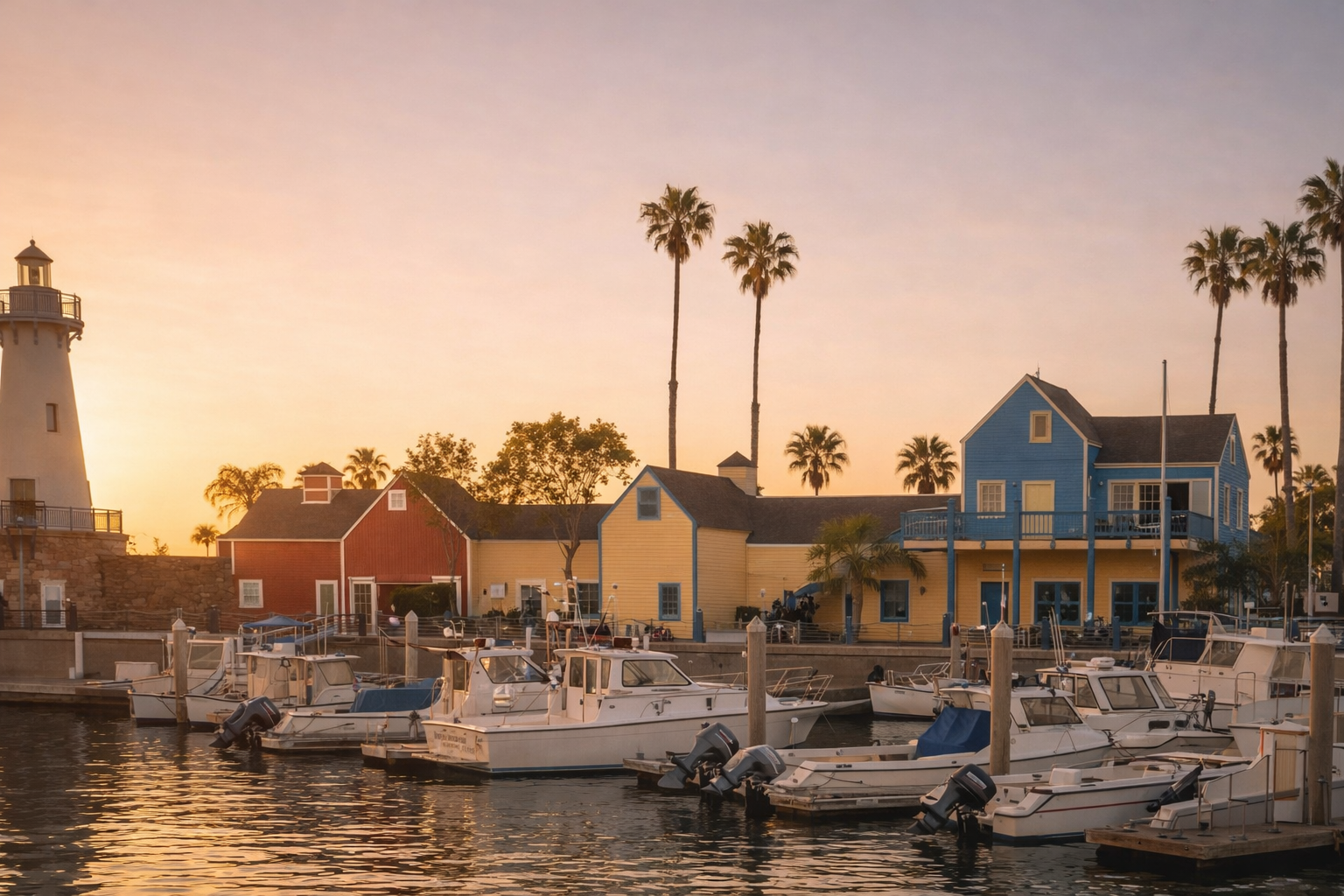 Boats docked at the Marina del Rey harbor at sunset, surrounded by palm trees and coastal homes leased and sold by Pinar Kara Real Estate.
