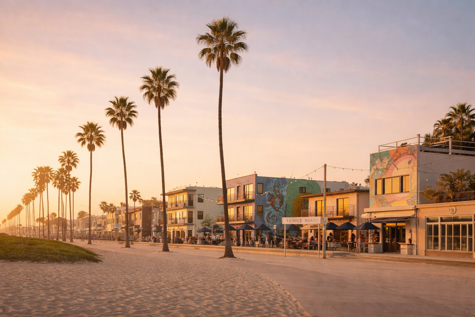 People cycling and walking along the Venice Beach boardwalk at sunset, captured near homes represented by Pinar Kara Real Estate in Los Angeles’ coastal area.
