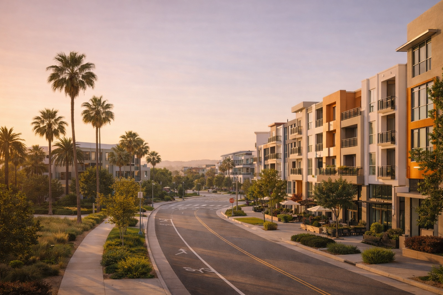 Aerial view of Playa Vista neighborhood with tree-lined streets, modern residential homes, and green parks at sunset, representing the coastal communities served by Pinar Kara Real Estate in Los Angeles.