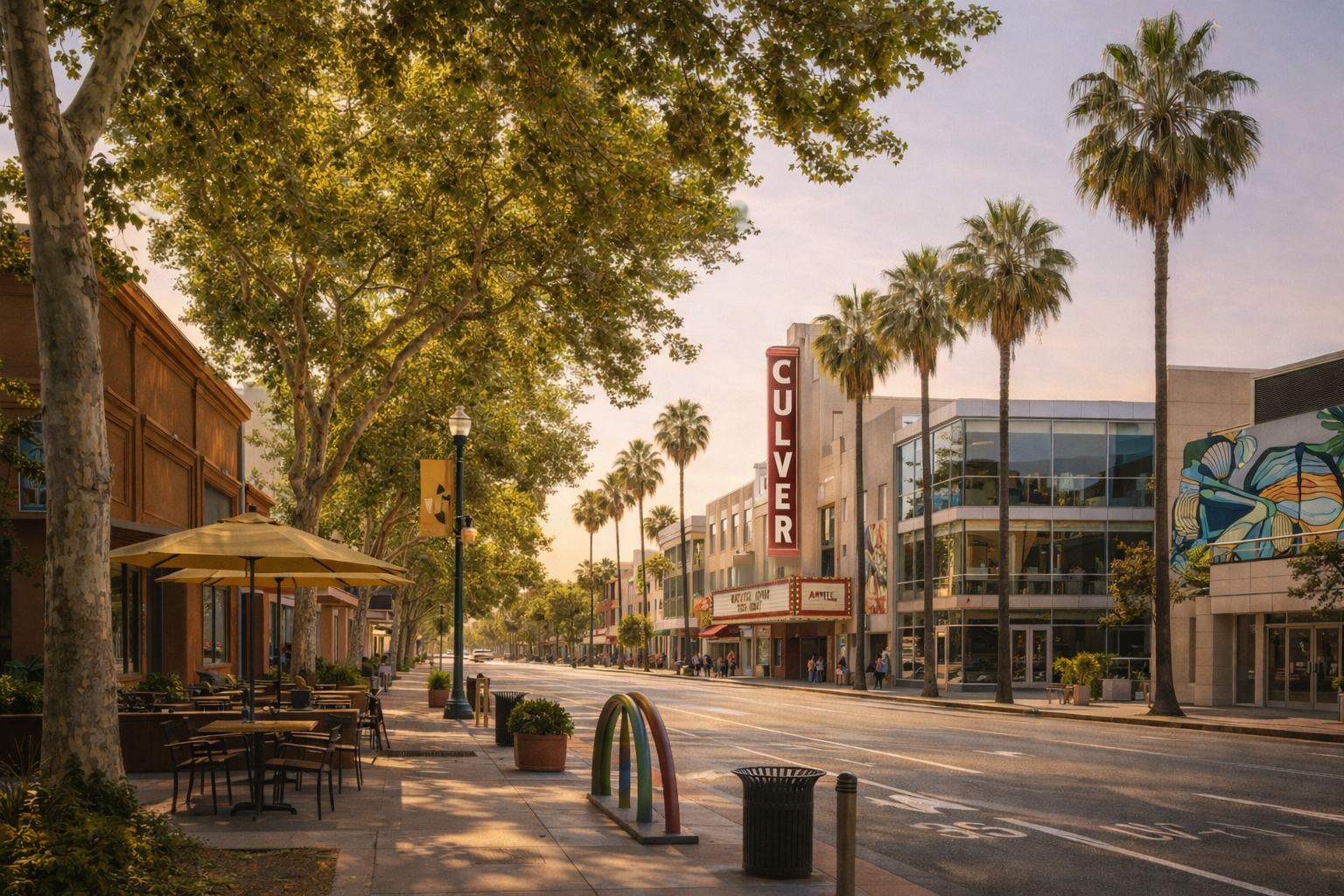 People dining under yellow umbrellas on a sunny Culver City street lined with palm trees and colorful art, capturing the vibrant lifestyle of communities represented by Pinar Kara Real Estate.