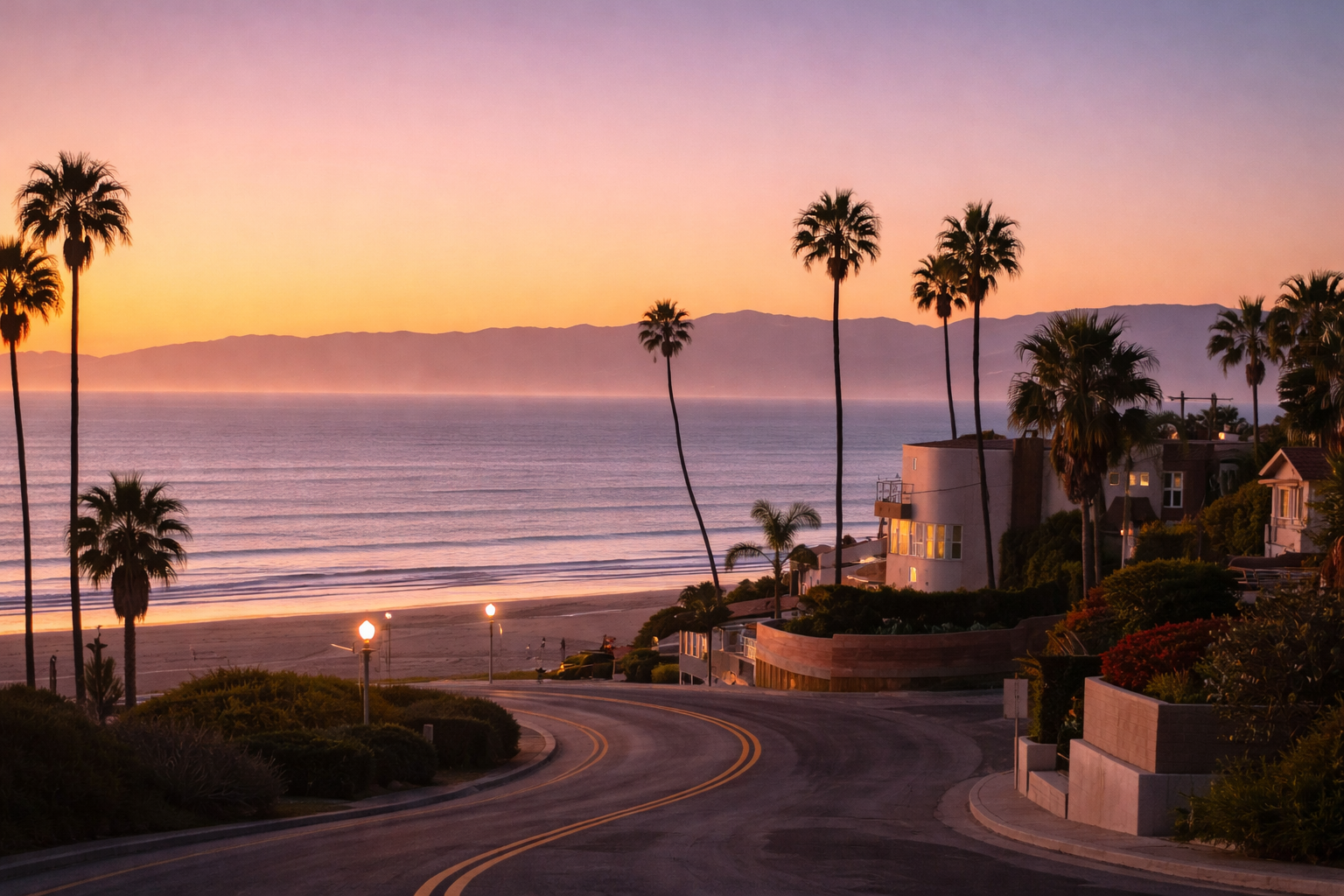 Sunset over Marina del Rey and Playa del Rey neighborhoods with palm trees and beachfront homes, reflecting the coastal lifestyle Pinar Kara Real Estate represents.