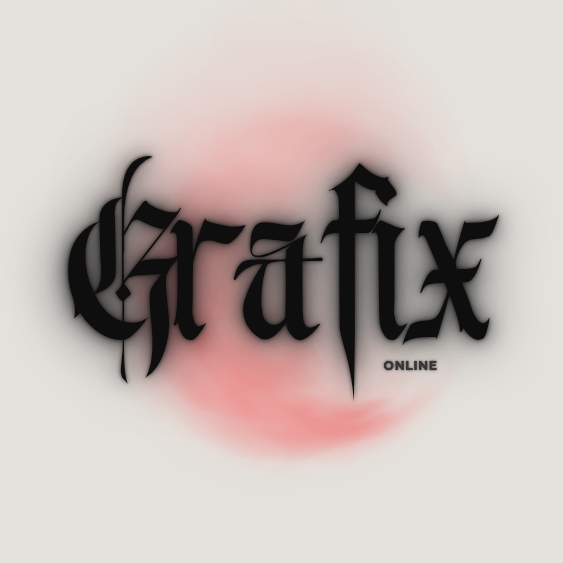 Graphic design with the word 'grafox' written in black gothic-style font, with the word 'ONLINE' below it, on a white and pink blurred background.