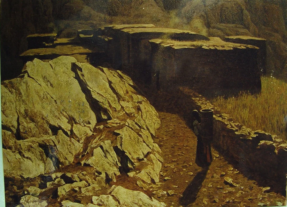 The village entrance under the setting sun , 1990, Oil on Canvas, 90X75cm.