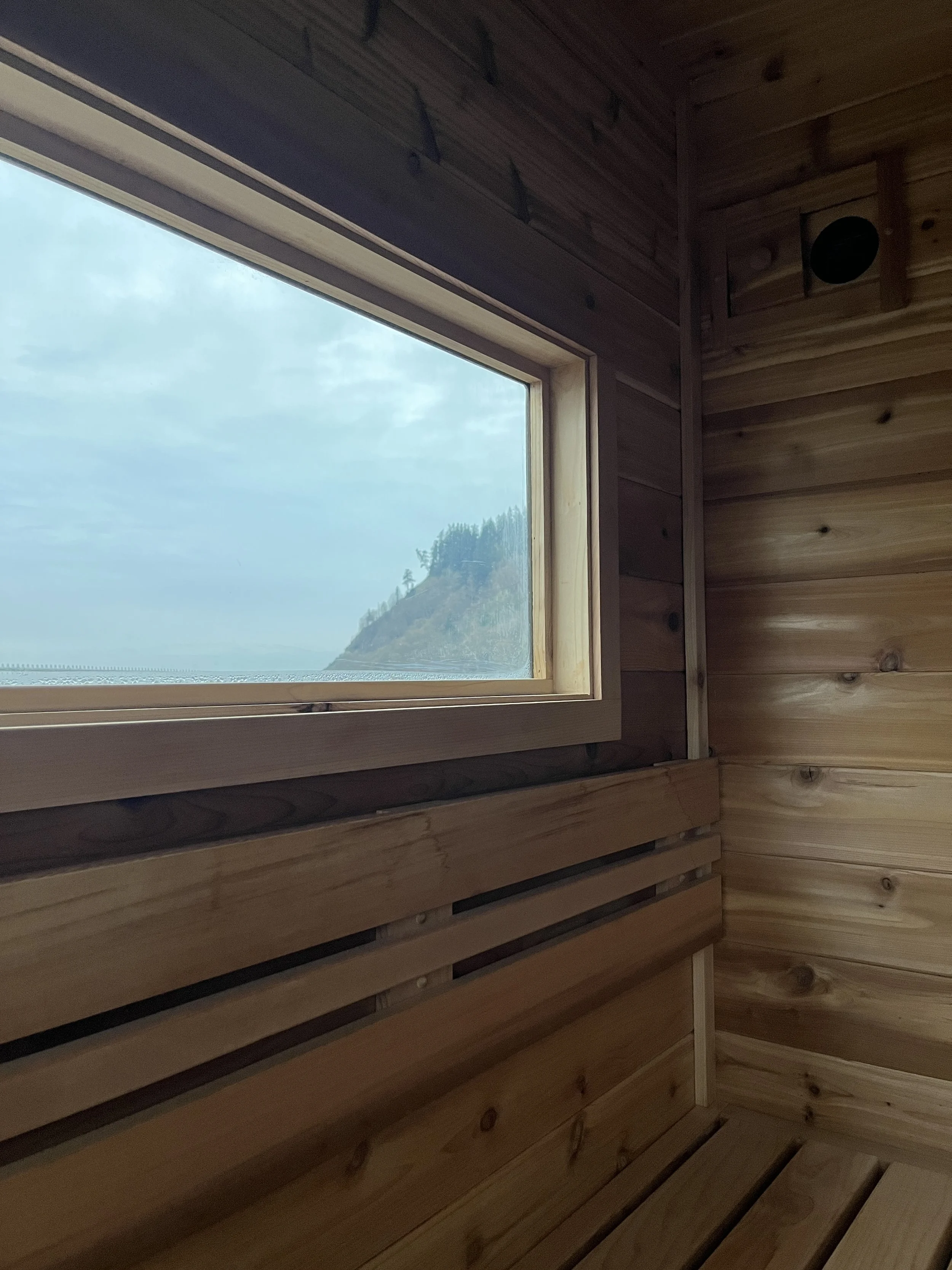 Wood-paneled sauna room with a large window showing an outside view of a hill and cloudy sky.